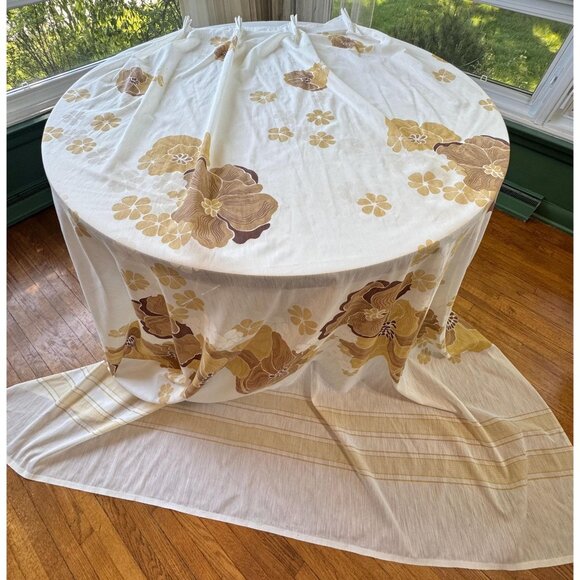 Vintage 1970s cream curtain, large brown, tan flowers, pleated, for each - Picture 4 of 10